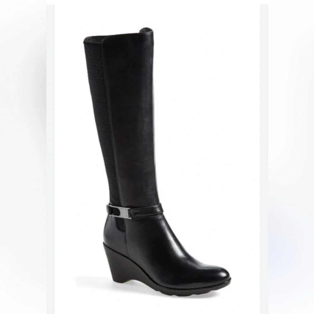Blondo Laina Black Leather Wedge Knee-High Waterproof Boots-Size8